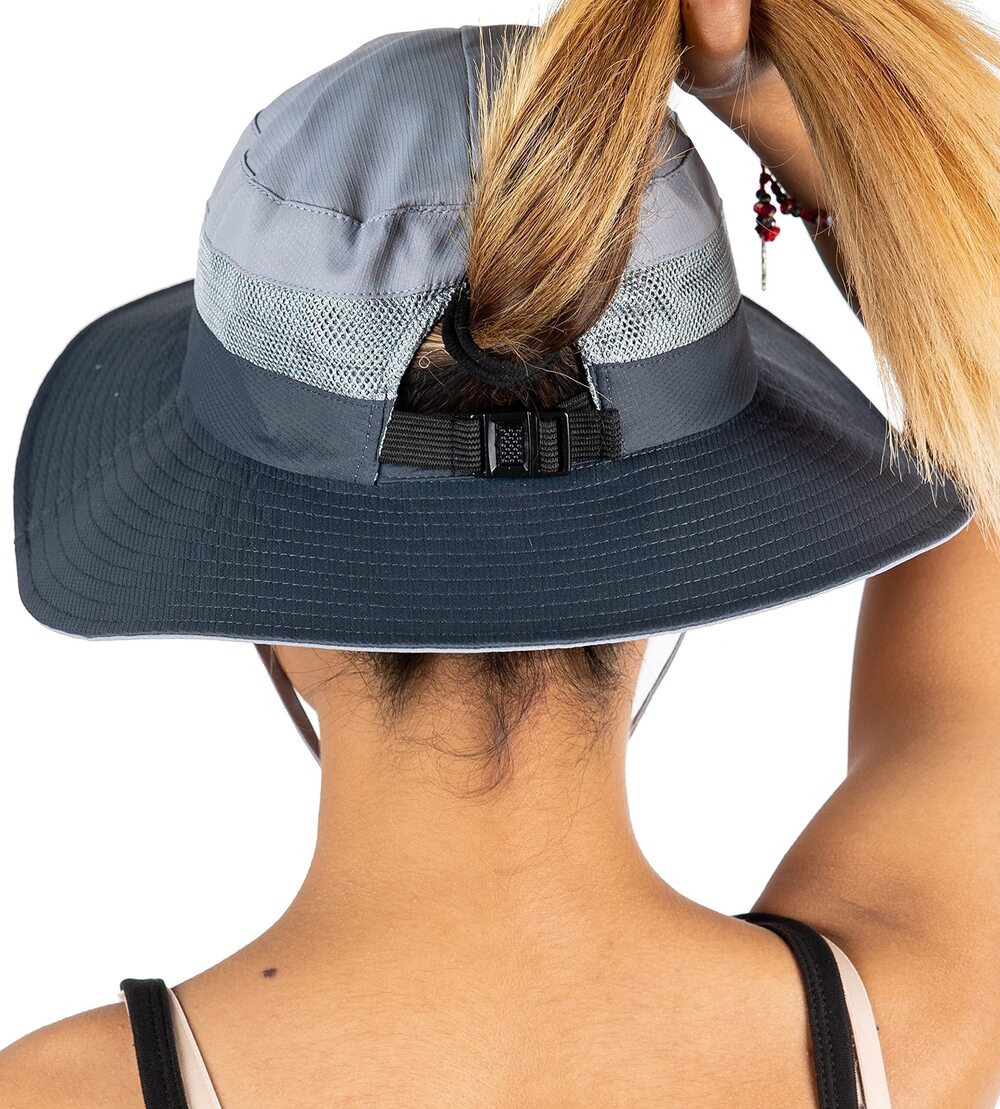 9004 Ponytail Sun Bucket Hat with Ponytail Hole, Wide Brim UPF 50+ Mesh